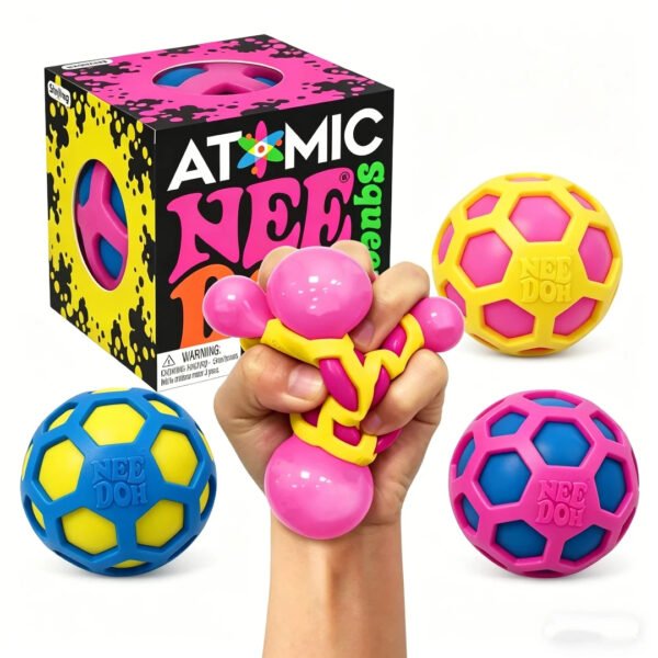 Needoh atomic stress ball all thre colors in hand