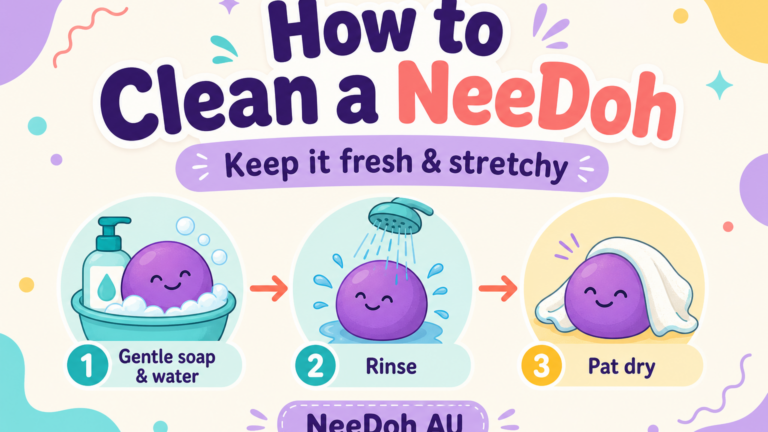 Illustrated guide showing how to clean a NeeDoh with gentle soap, rinsing, and patting dry.