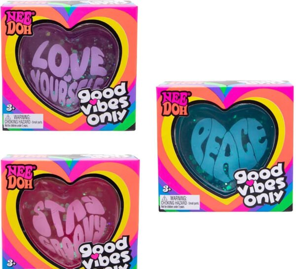 NeeDoh Good Vibes Only clear glitter heart fidget toy