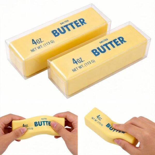 Slow-rise squishy toy shaped like a realistic butter stick, made by NeeDoh