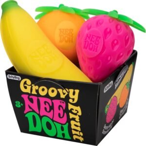 Three-pack Groovy Fruit NeeDoh squishies featuring banana, strawberry and orange