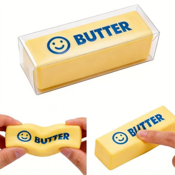 Slow-rise squishy toy shaped like a realistic butter stick, made by NeeDoh