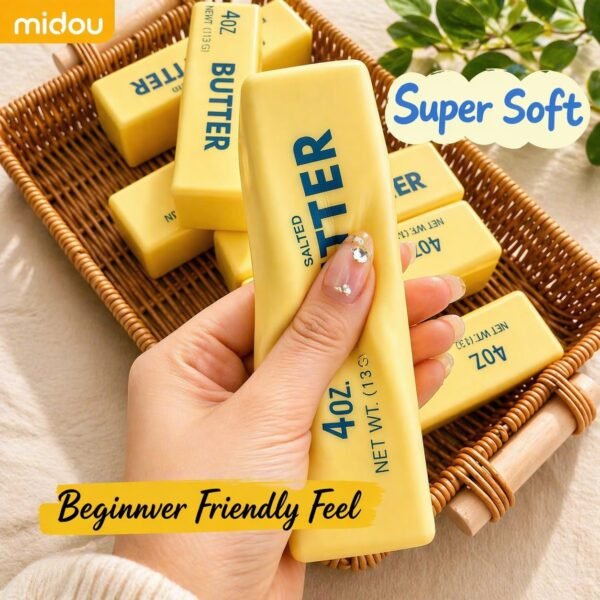 Slow-rise squishy toy shaped like a realistic butter stick, made by NeeDoh