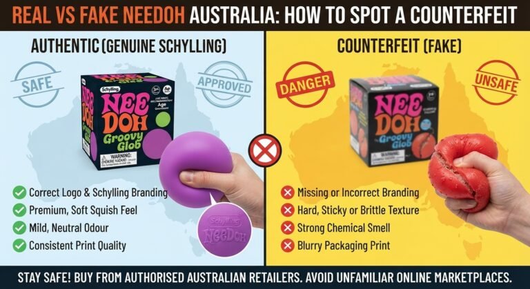 Real vs Fake NeeDoh comparison guide highlighting packaging, Schylling branding, texture, and safety checks for Australian buyers.