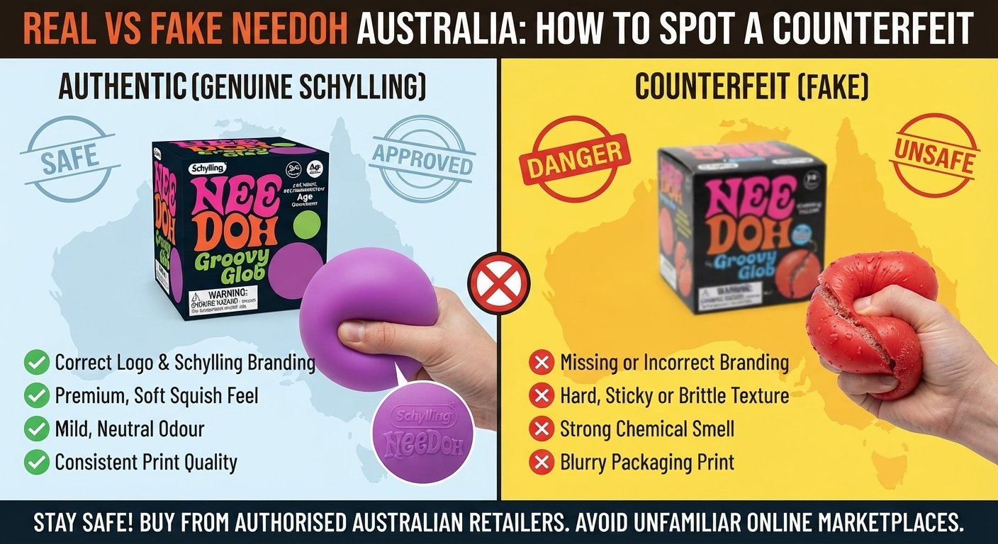Real vs Fake NeeDoh comparison guide highlighting packaging, Schylling branding, texture, and safety checks for Australian buyers.