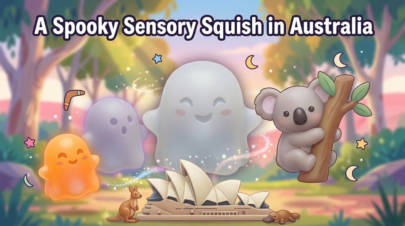 Cute translucent ghost squishy toys with a small koala and Sydney Opera House for NeeDoh Ghost blog in Australia