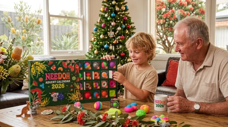 Australian family unboxing NeeDoh Advent Calendar 2026 surrounded by fidget toys.