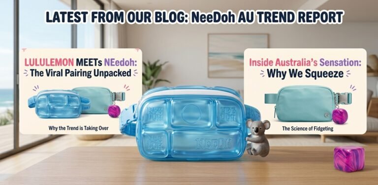 Translucent blue squishy belt bag with Lululemon and NeeDoh trend cards in an Australian setting.