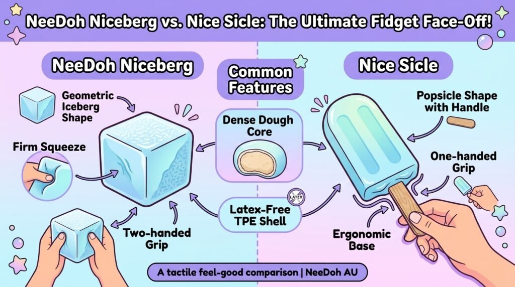 NeeDoh Niceberg vs Nice Sicle infographic diagram showing squeeze style and features
