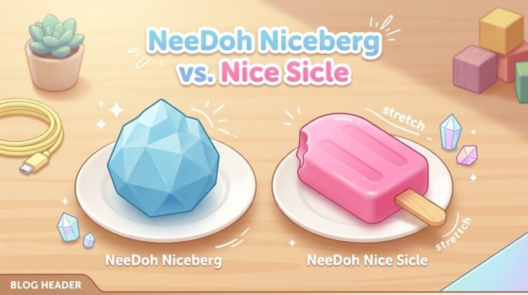 NeeDoh Niceberg vs NeeDoh Nice Sicle dense stress balls comparison on a desk